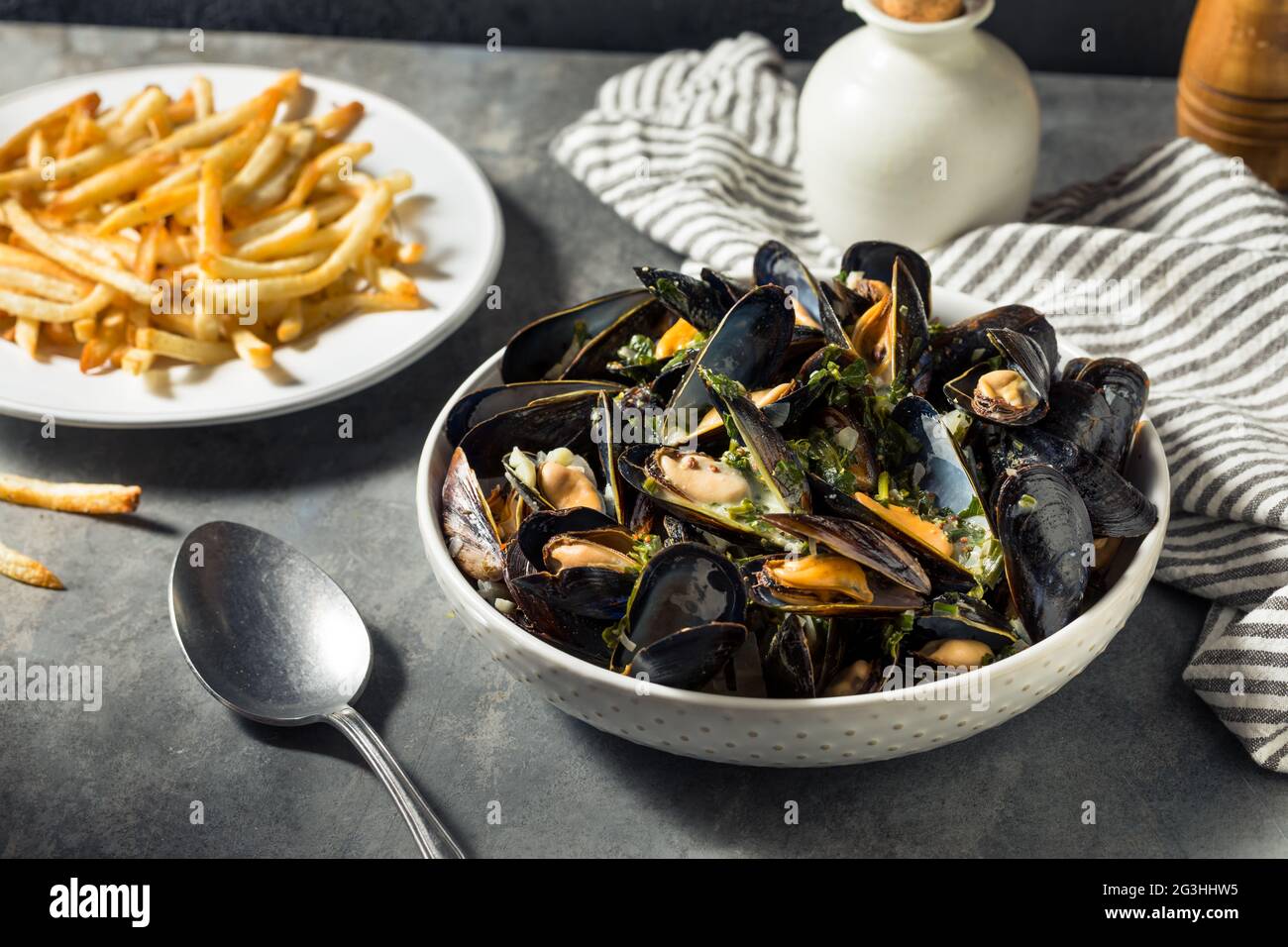 Homemade Moules Frites Mussels and Fries with a White Wine Sauce Stock Photo Alamy