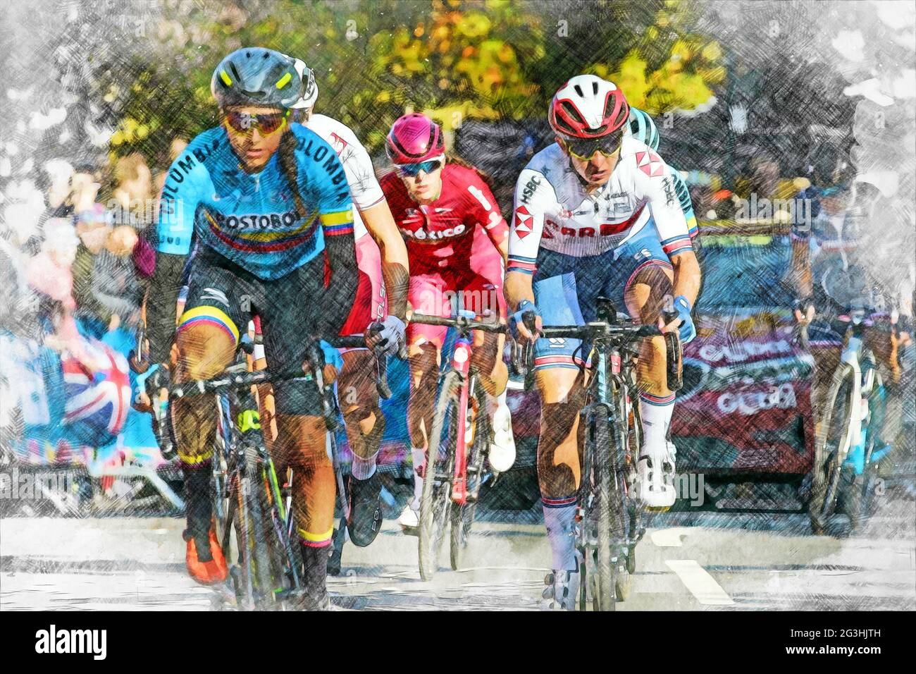 British Cyclist racing in a group in the Women's Elite Race, UCI Road