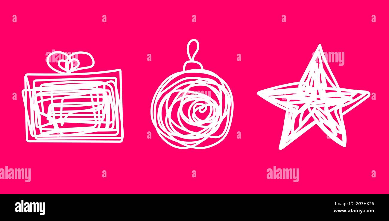 Christmas set Star, Gift, Ball on a pink background. White Hand-drawn tangled line art New Year decorations. Symbols of winter holidays. Messy Holiday Stock Vector