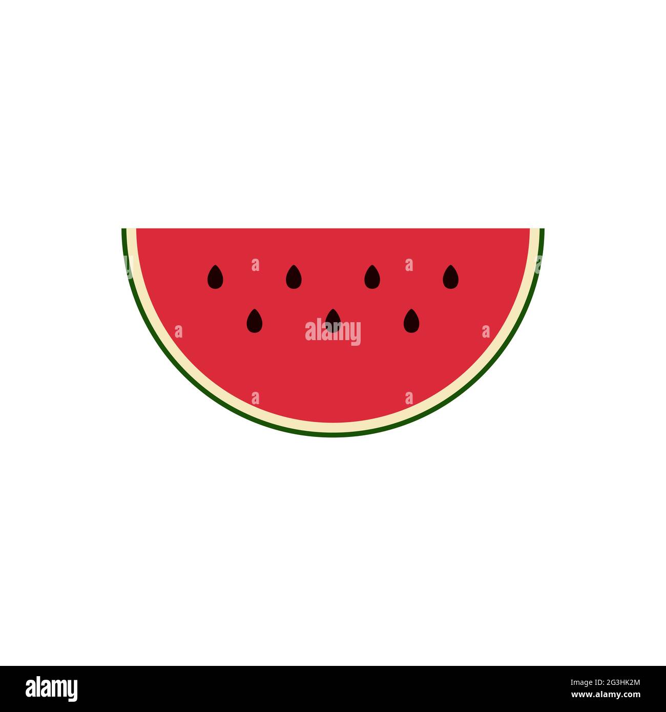 Watermelon slice Isolated on white background. Flat icon of fresh fruit. Colorful bright summer food. Sweet treat image. Red pink semicircular melon w Stock Vector