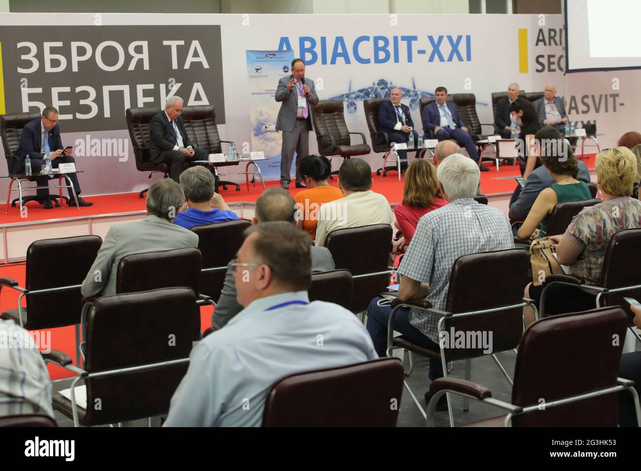 KYIV, UKRAINE - JUNE 16, 2021 - Participants are pictured during the conference on the aviation industry in Ukraine in 2021 held on the sidelines of t Stock Photo