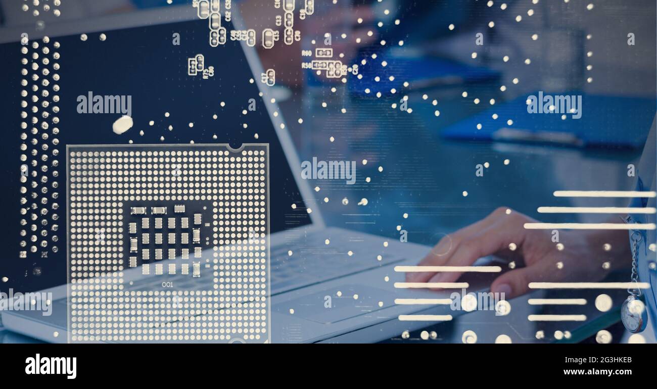 Microprocessor connections against mid section of person using laptop ...