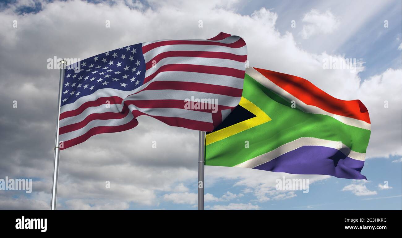 American and south african flag waving against clouds in blue sky Stock Photo