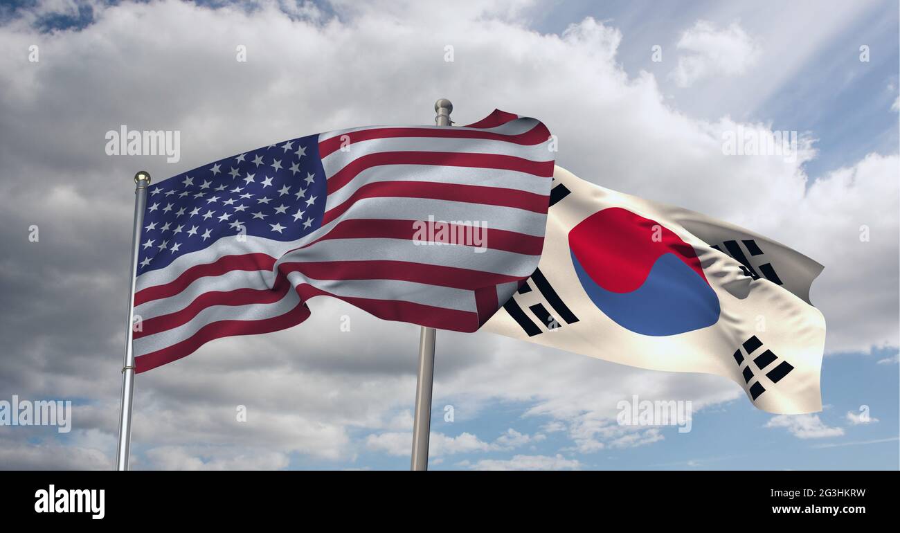 American and south korea flag waving against clouds in blue sky Stock Photo