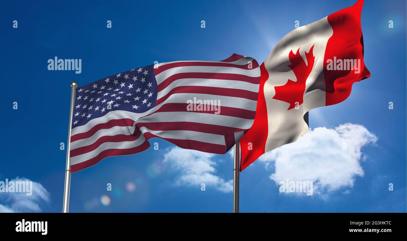 American and canadian flag waving against clouds in blue sky Stock Photo