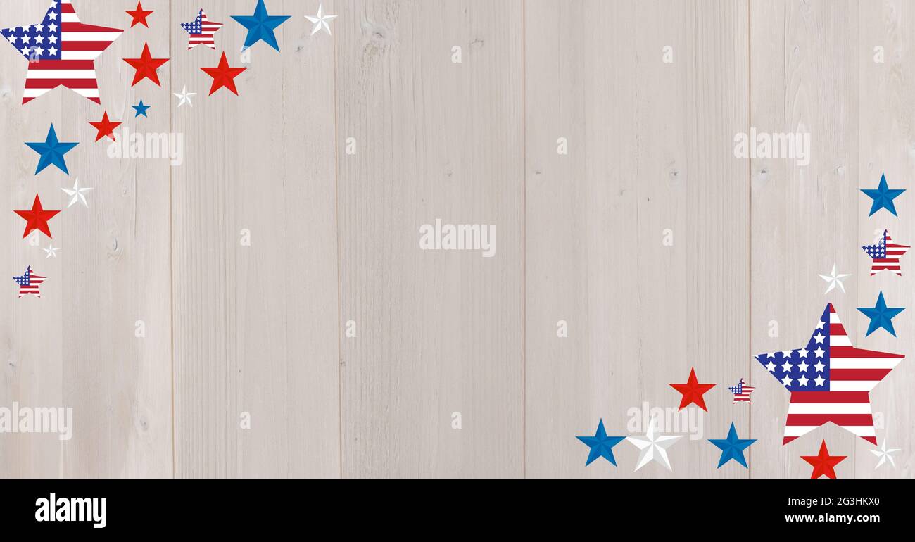 Digitally generated image of multiple stars on wooden background with ...