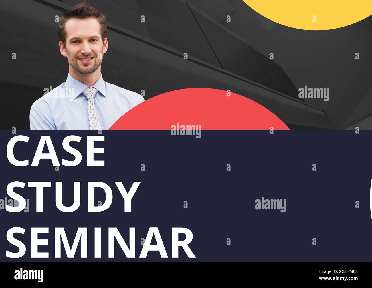 Composition of case study seminar text with smiling man and red and yellow circles, on black Stock Photo