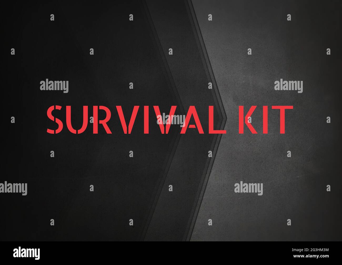 Composition of survival kit text in red over black and dark grey background Stock Photo