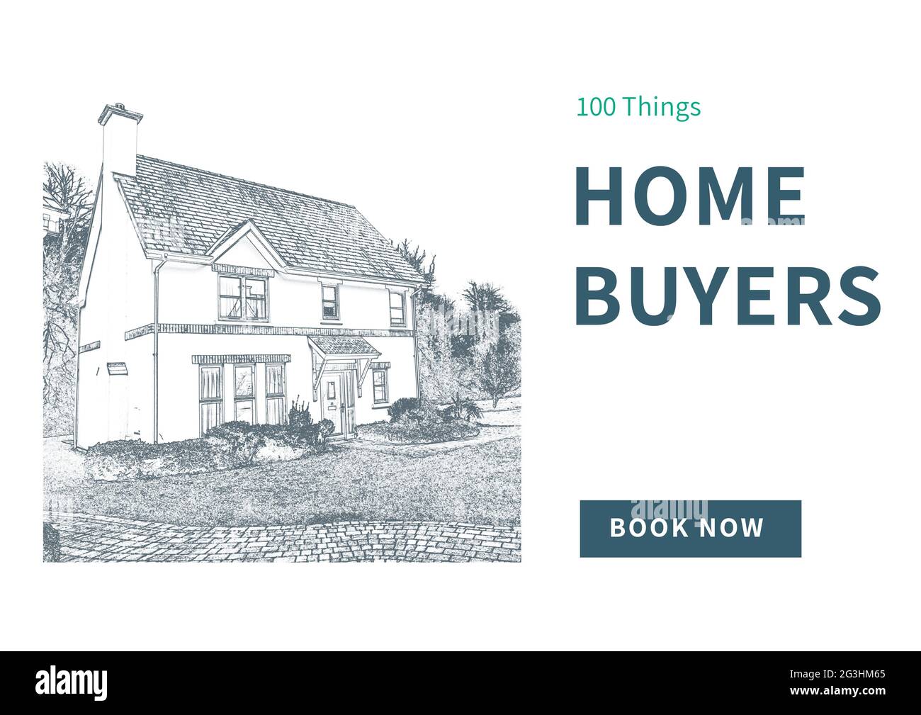Composition of home buyers text in blue, with drawing of house and garden, on white Stock Photo