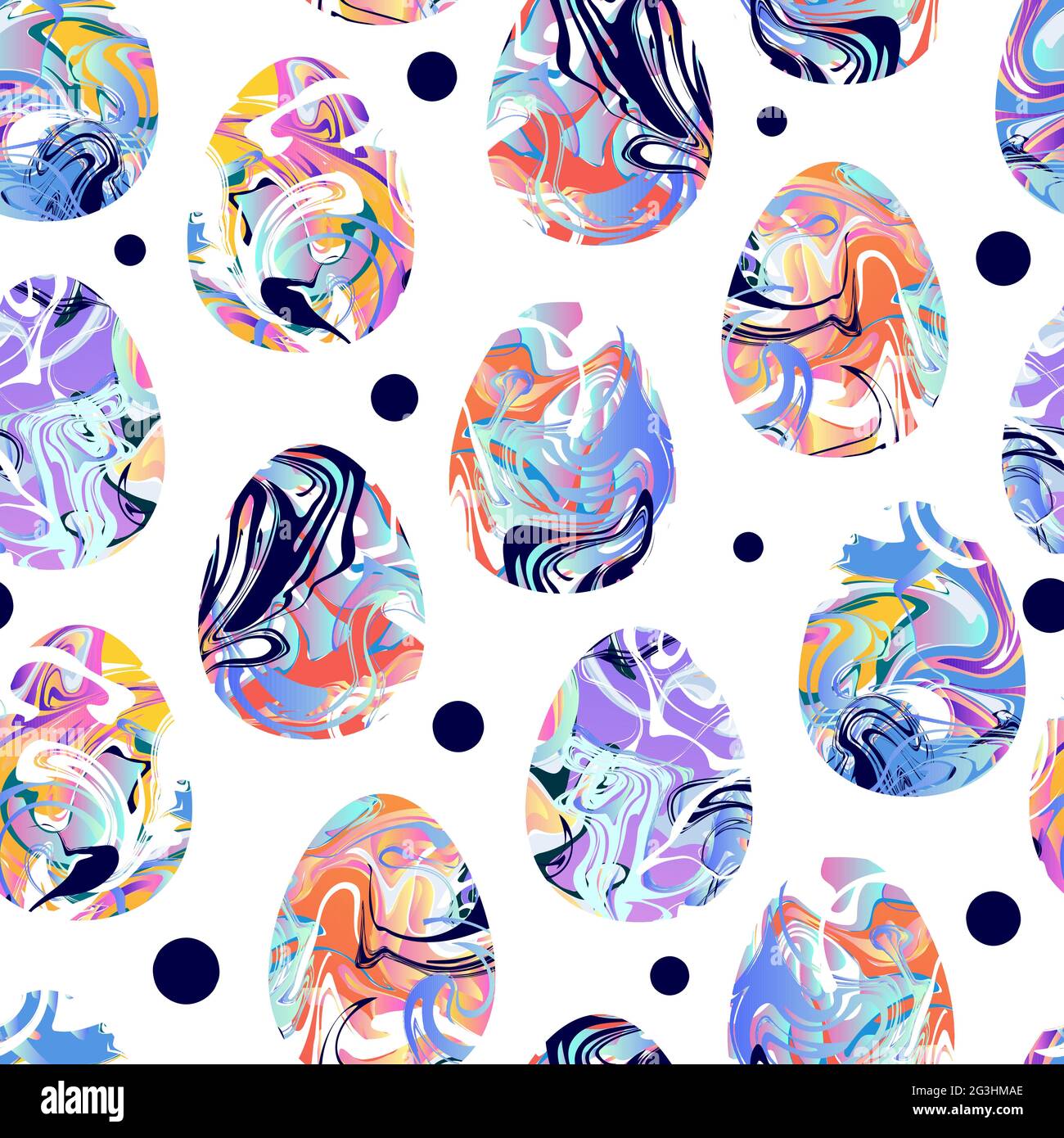Seamless pattern marble eggs texture. Liquid texture happy easter symbol. Painted pink, lilac, blue gradient egg isolated on white background. Vector Stock Vector