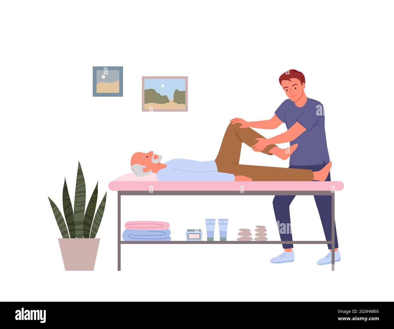 Rehabilitation for elderly people, doctor doing massage, recovery exercise with old man Stock Vector