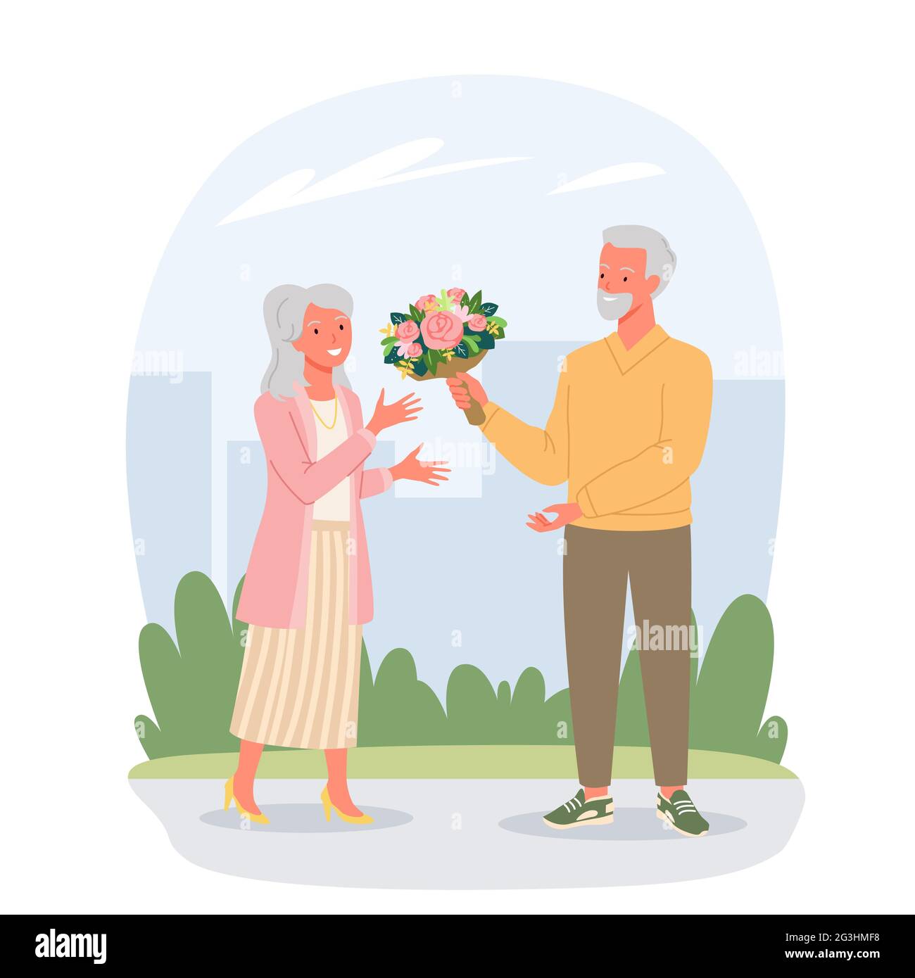 Senior people on date in Valentines Day, elderly man giving flower bouquet to happy woman Stock Vector