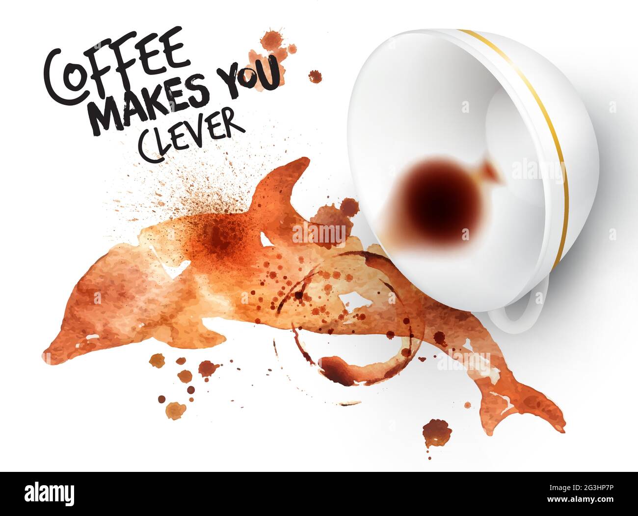 Poster drawn coffee imprint of dolphin and inverted cup with spilled coffee, lettering coffee makes you clever. Stock Vector