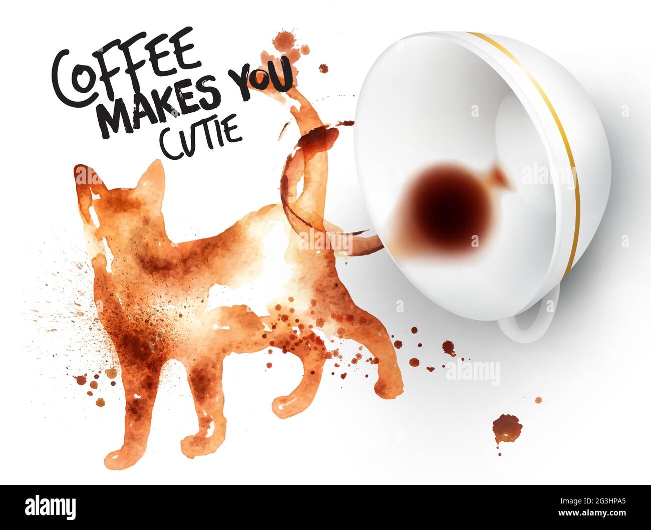Poster drawn coffee imprint of cat and inverted cup with spilled coffee ...
