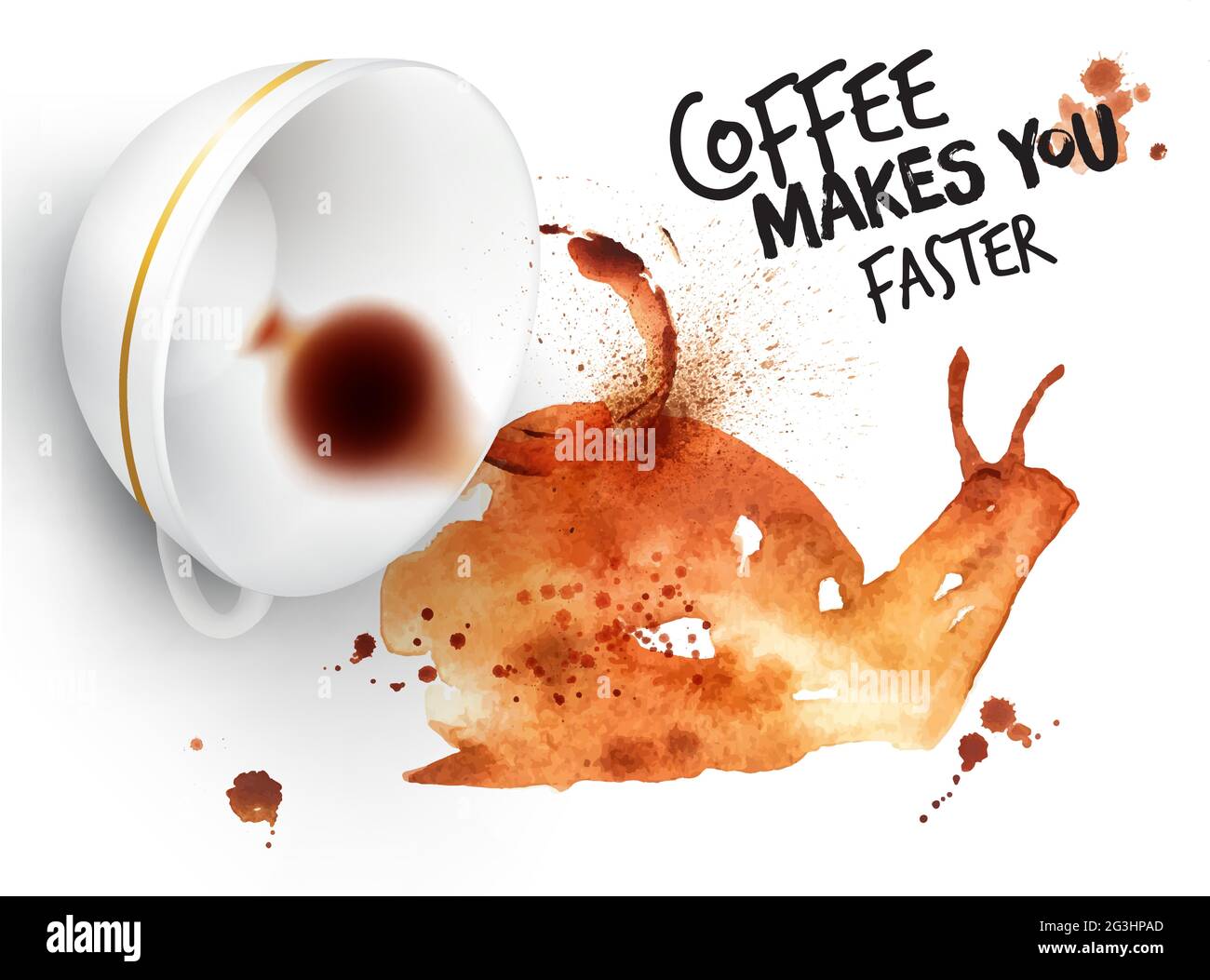Poster drawn coffee imprint of snail and inverted cup with spilled coffee, lettering coffee makes you faster. Stock Vector