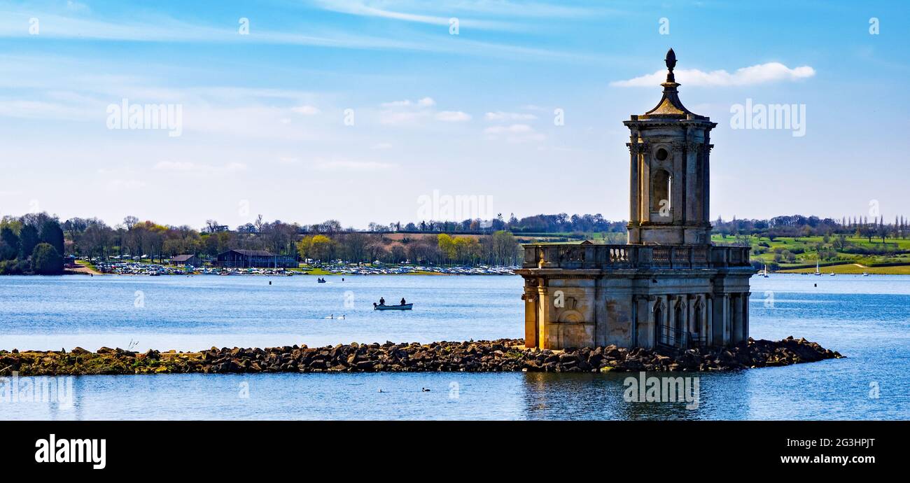 Looking across Rutland Water to Rutland Sailing Club with Normanton Church in the foreground. Stock Photo