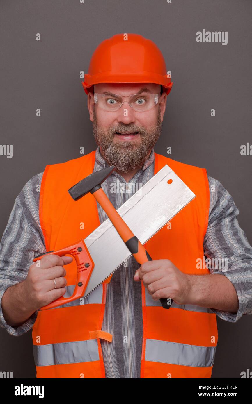 Hipster bearded builder Stock Photo