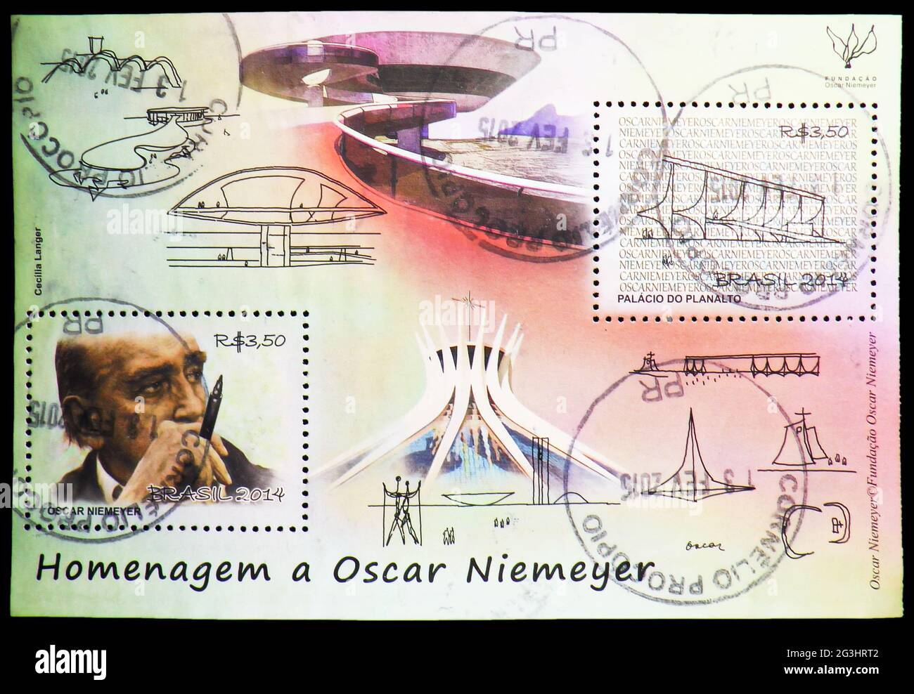 MOSCOW, RUSSIA - APRIL 15, 2021: Postage stamp printed in Brazil shows Block, Tribute to Oscar Niemeyer serie, circa 2014 Stock Photo