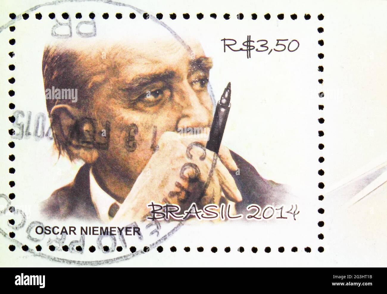 MOSCOW, RUSSIA - APRIL 15, 2021: Postage stamp printed in Brazil shows Portrait of Oscar Niemeyer, Tribute to Oscar Niemeyer serie, circa 2014 Stock Photo