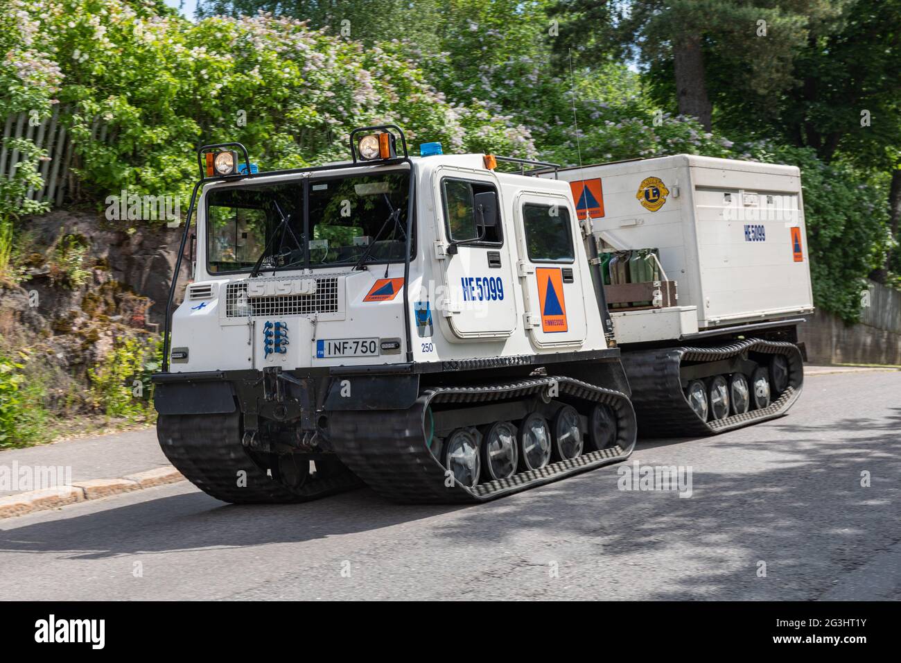 Sisu tracked high-mobility vehicle of Helsinki City Rescue Department in Meilahti district of Helsinki, Finland Stock Photo