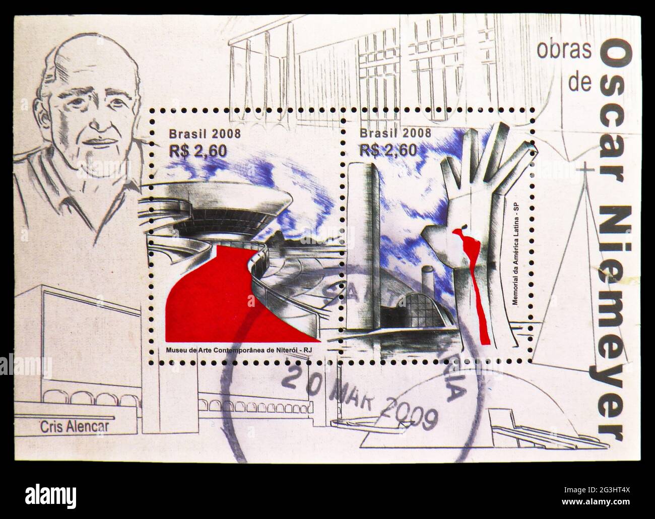 MOSCOW, RUSSIA - APRIL 15, 2021: Postage stamp printed in Brazil shows Block Oscar Niemeyer's projects, Architecture serie, circa 2008 Stock Photo