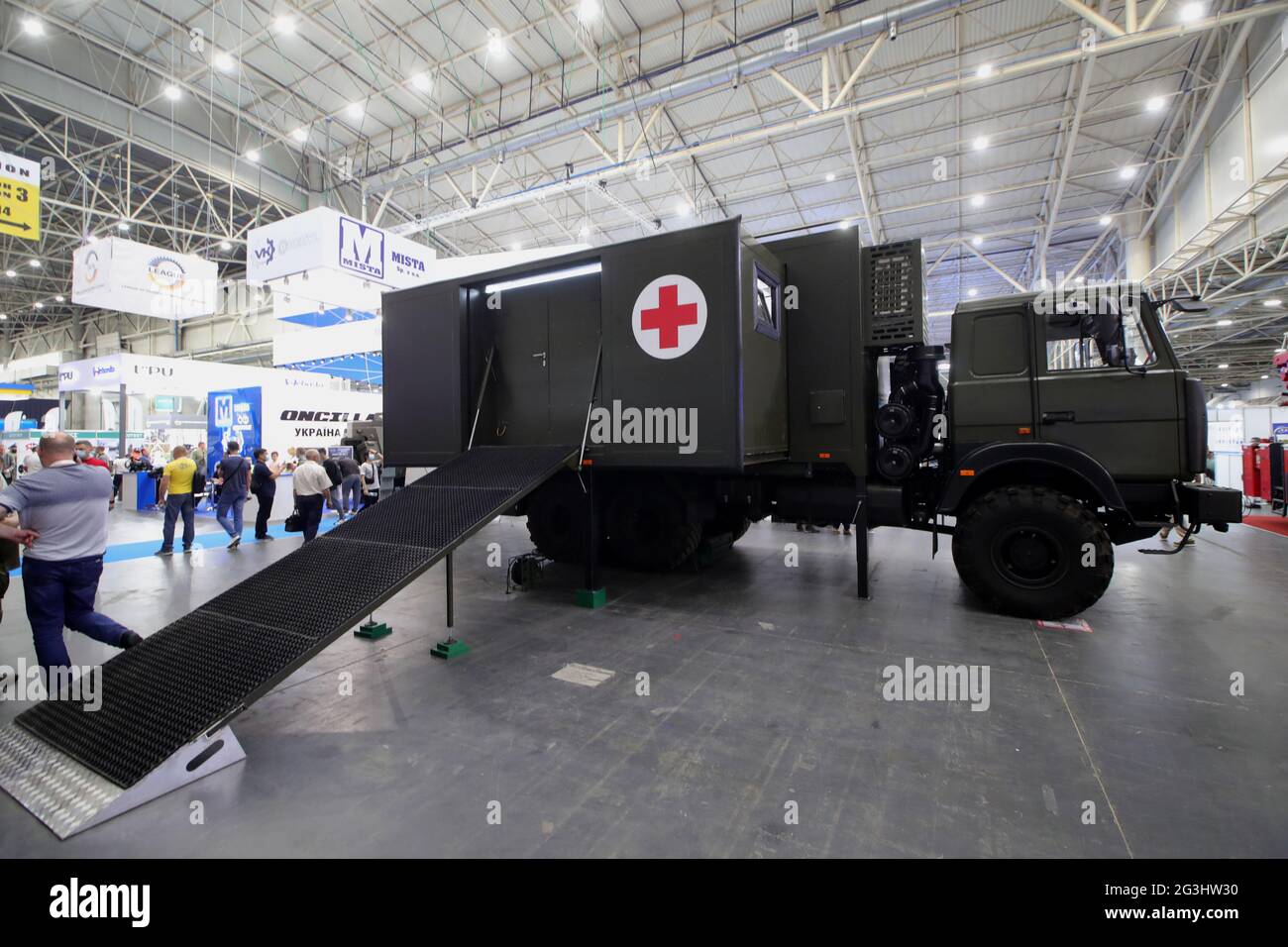 KYIV, UKRAINE - JUNE 16, 2021 - A military medical truck is on show during the 17th Arms and Security International Exhibition at the International Ex Stock Photo