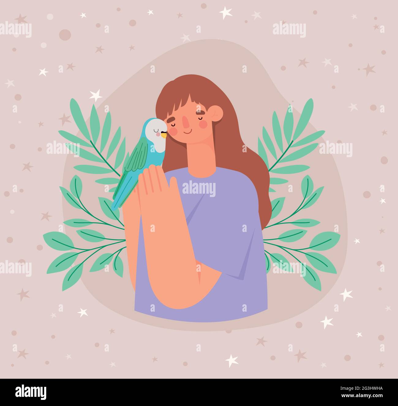 woman holding blue parakeet Stock Vector