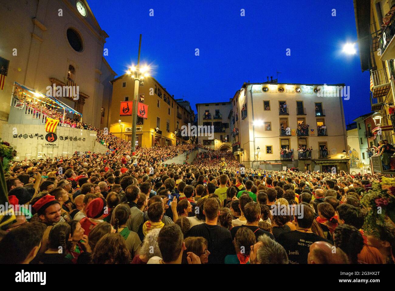 Sant Pere square during the dance of L'Àliga (the Eagle) of the Patum de Berga festival, UNESCO World intangible cultural heritage (Catalonia, Spain) Stock Photo