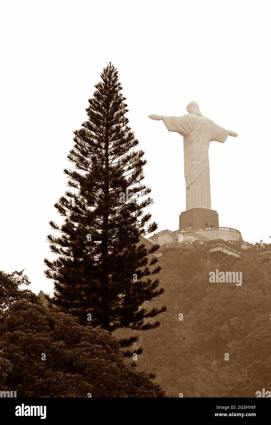 Sepia Image of Christ the Redeemer Statue, One of the New 7 Wonders of the World, Corcovado Mountain, Rio de Janeiro of Brazil Stock Photo