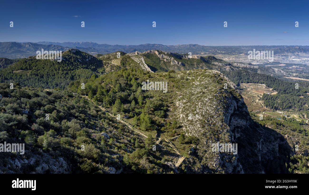 Views from the Tossa de Tivissa peak, the highest summit of the Serra de Tivissa mountain range  (Tivissa, Ribera d'Ebre, Catalonia, Spain) Stock Photo