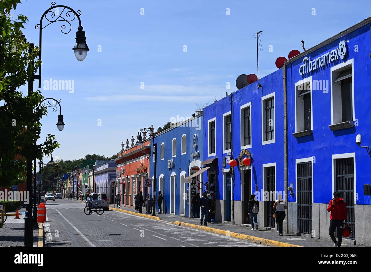 Cholula, Puebla, Mexico. Colourful Mexican houses on street Copyright
