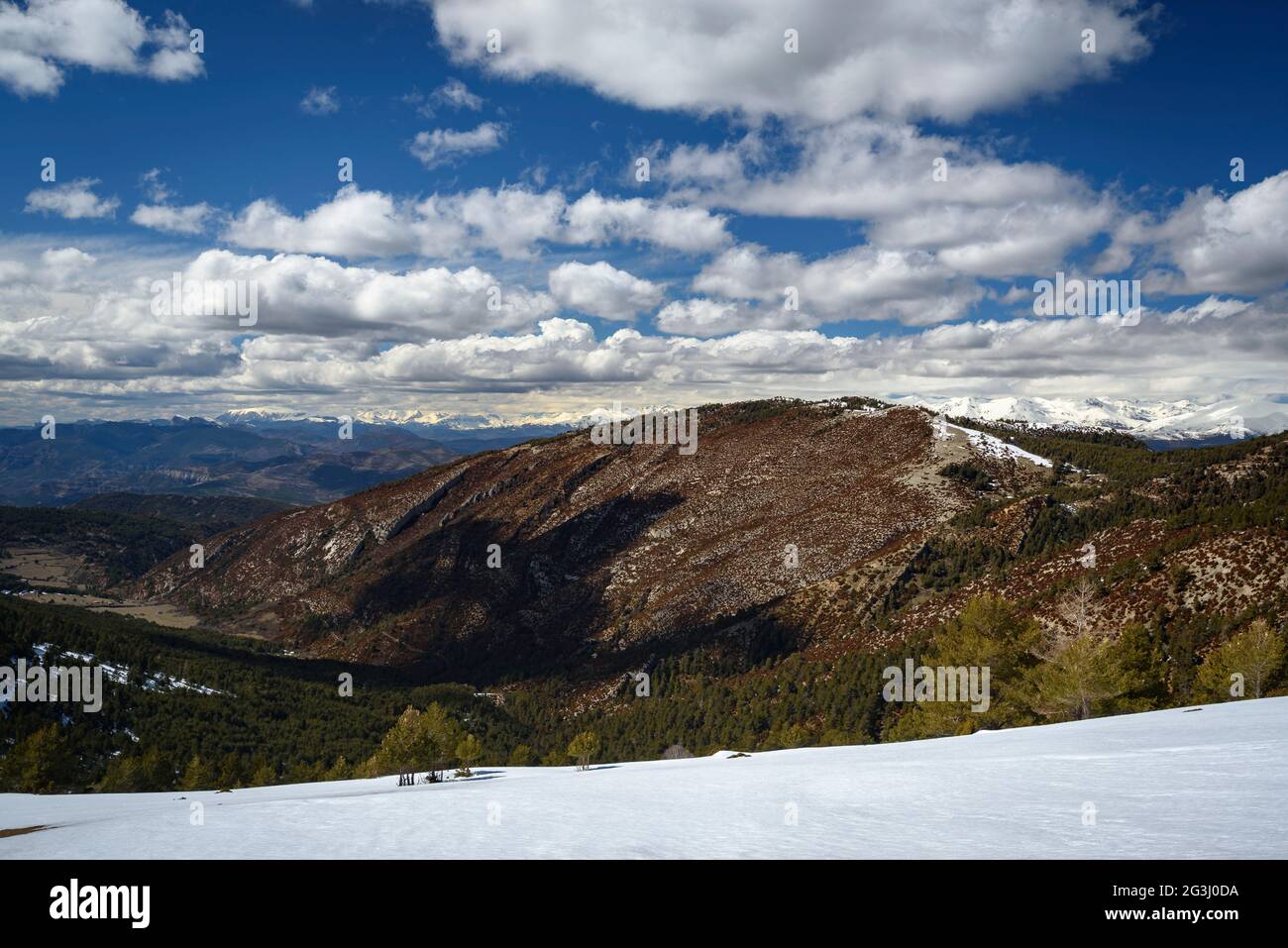 Views of the snowy meadow of Prat Muntaner in winter, in the Boumort mountain range (Pallars Jussà, Lleida, Catalonia, Spain, Pyrenees) Stock Photo