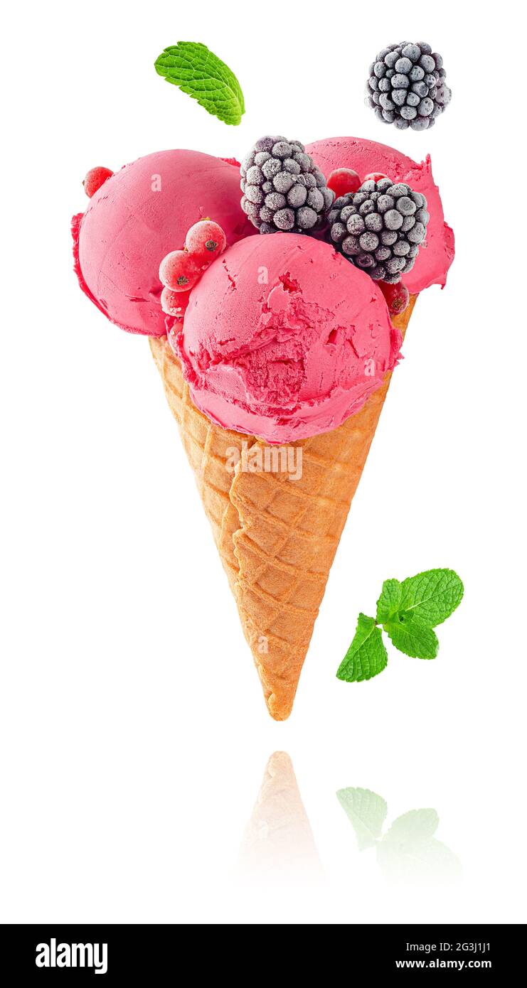 Pink ice cream waffle cone with berries and mint on white background ...