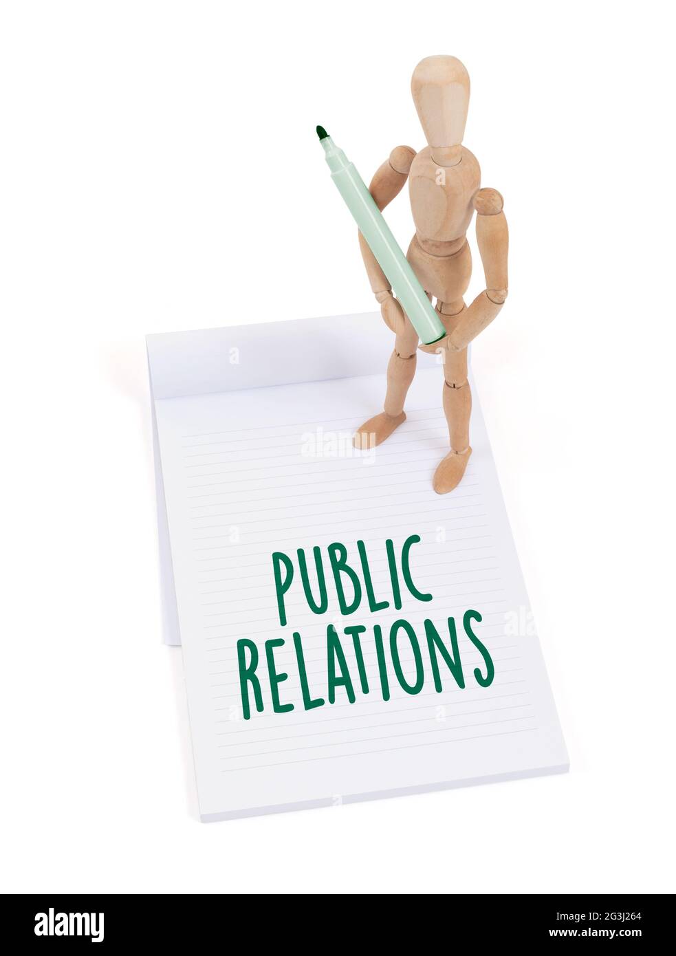Wooden mannequin writing - Public relations Stock Photo