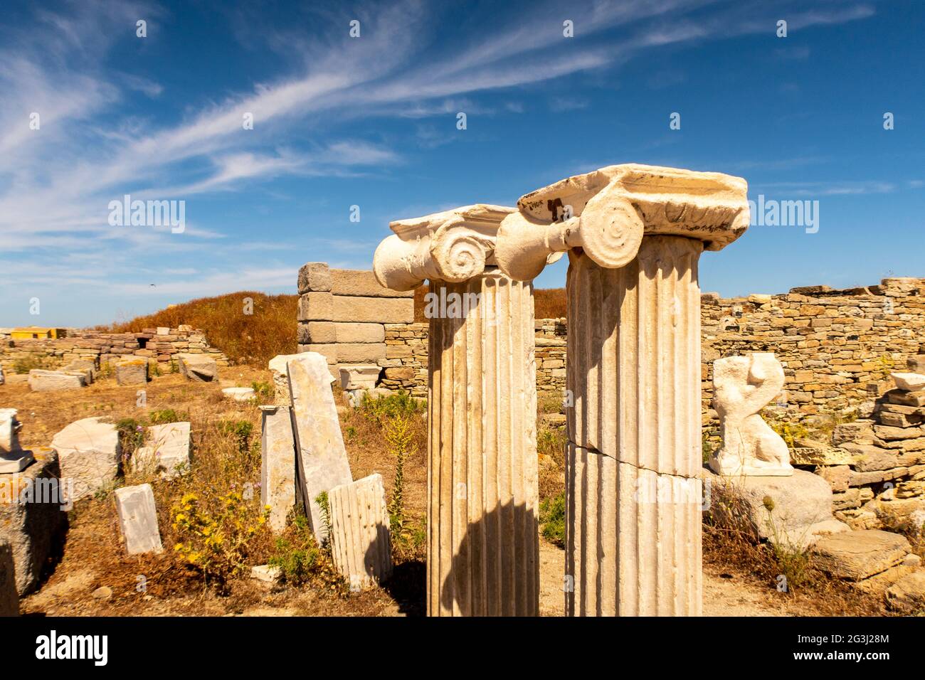 Delos Inscription Column Close-up view of antique columns on DELOS Island - mythological ...