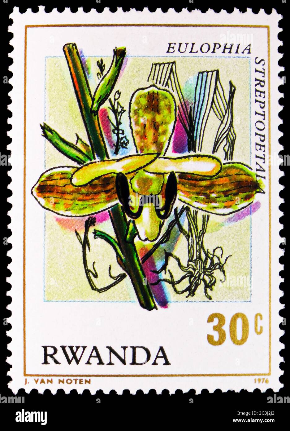 MOSCOW, RUSSIA - APRIL 15, 2021: Postage stamp printed in Rwanda shows Eulophia streptopetala, Orchids serie, circa 1976 Stock Photo