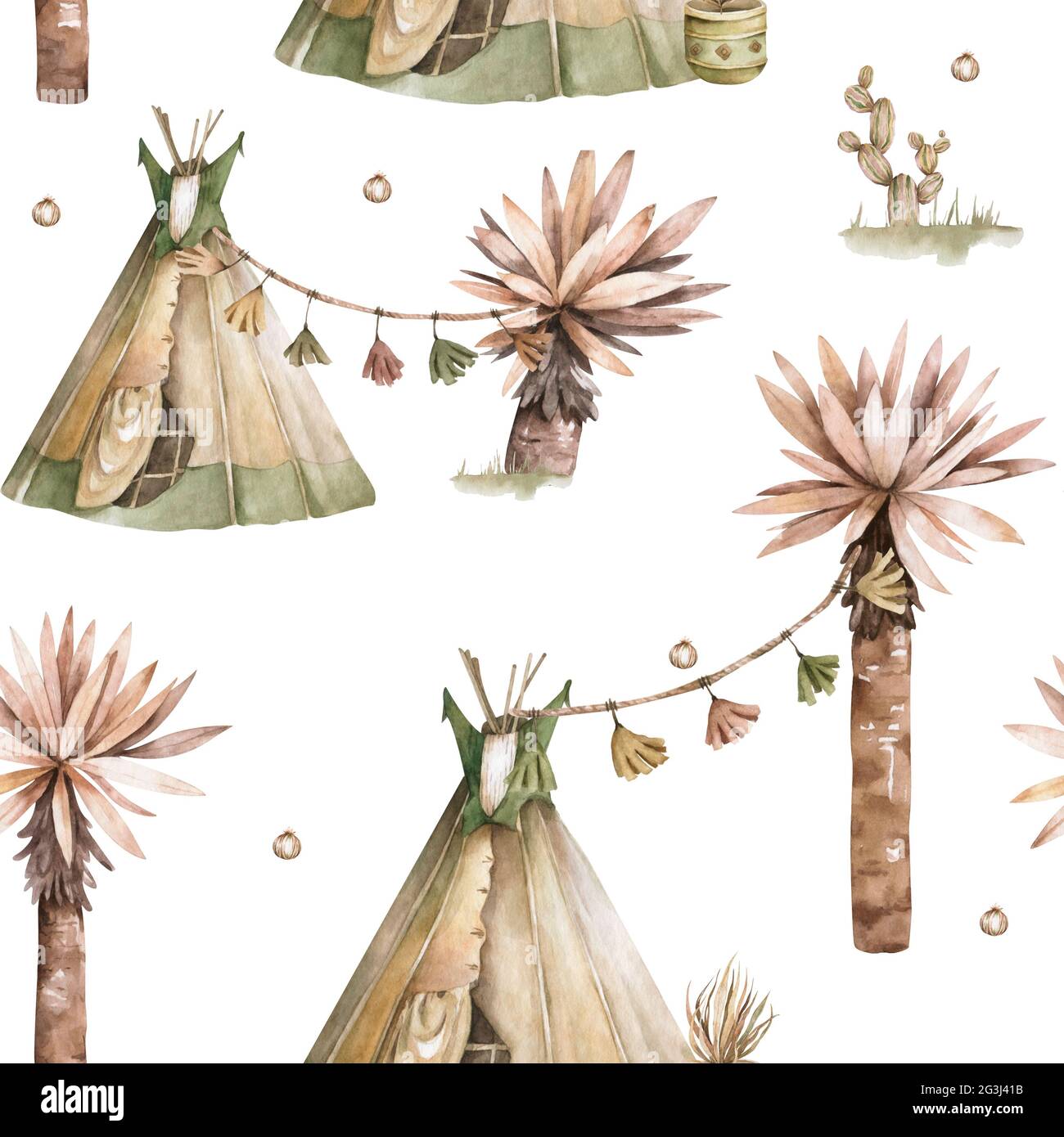 Hand drawn watercolor tribal teepee seamless pattern, Boho America ...
