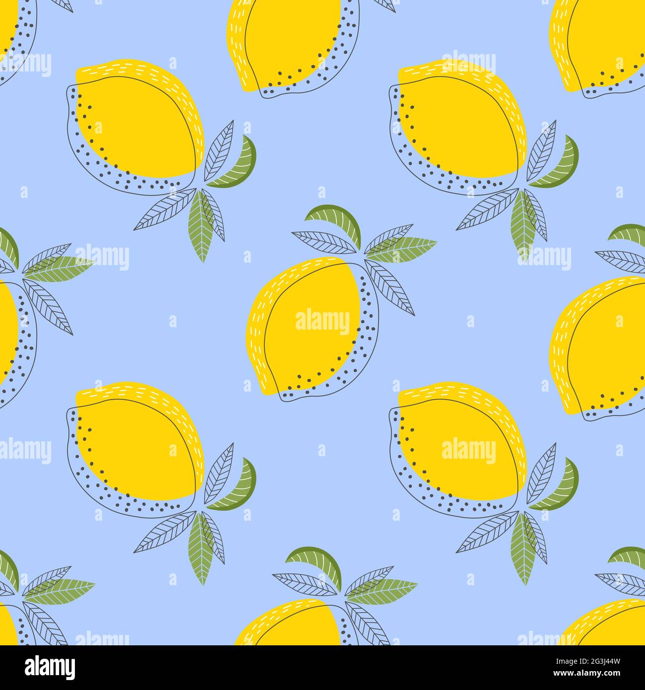 Yellow lemon fruit seamless pattern on blue background. Vector cartoon illustration. Stock Vector