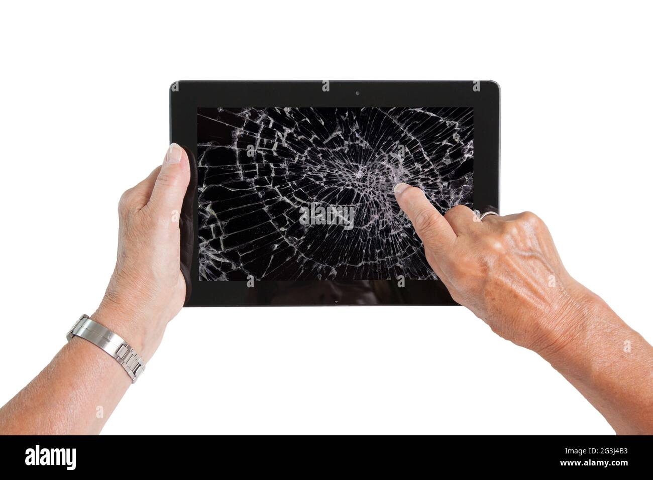 Senior lady with tablet, cracked screen Stock Photo