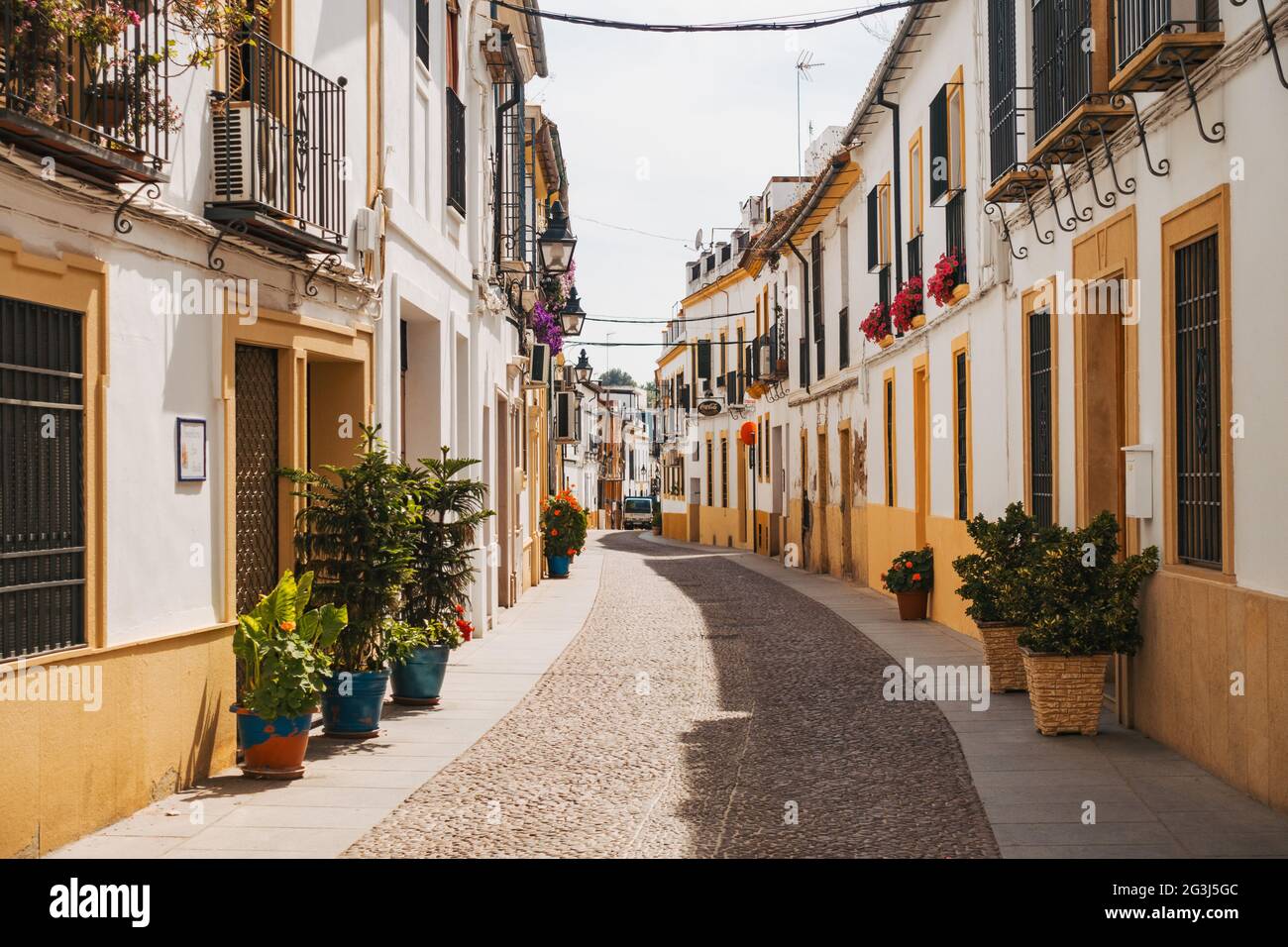 An ornate old residential street in the historic center of Córdoba, Spain, featuring yellow and white decoration and metalwork, dotted with pot plants Stock Photo