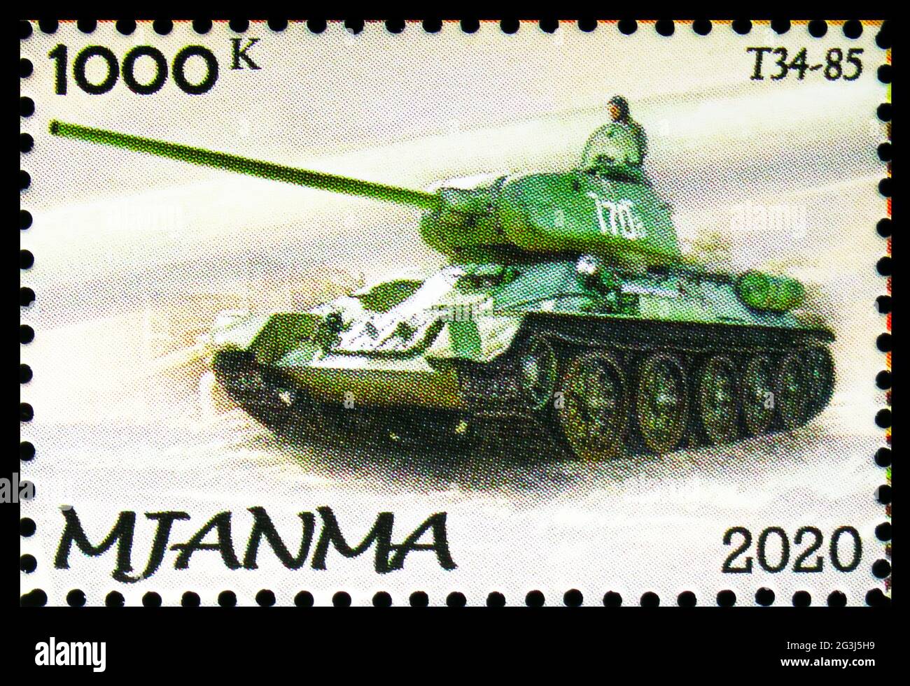 MOSCOW, RUSSIA - APRIL 17, 2021: Postage stamp printed in Cinderellas shows T34-85, Myanmar serie, circa 2020 Stock Photo