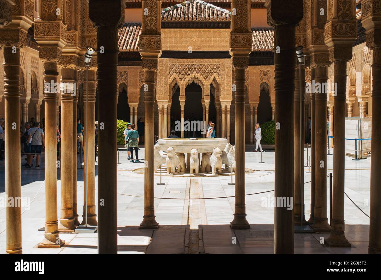 Pillars line the entrance to the Patio de los Leones (Patio of the Lions) inside the Alhambra palace, Granada, Spain Stock Photo
