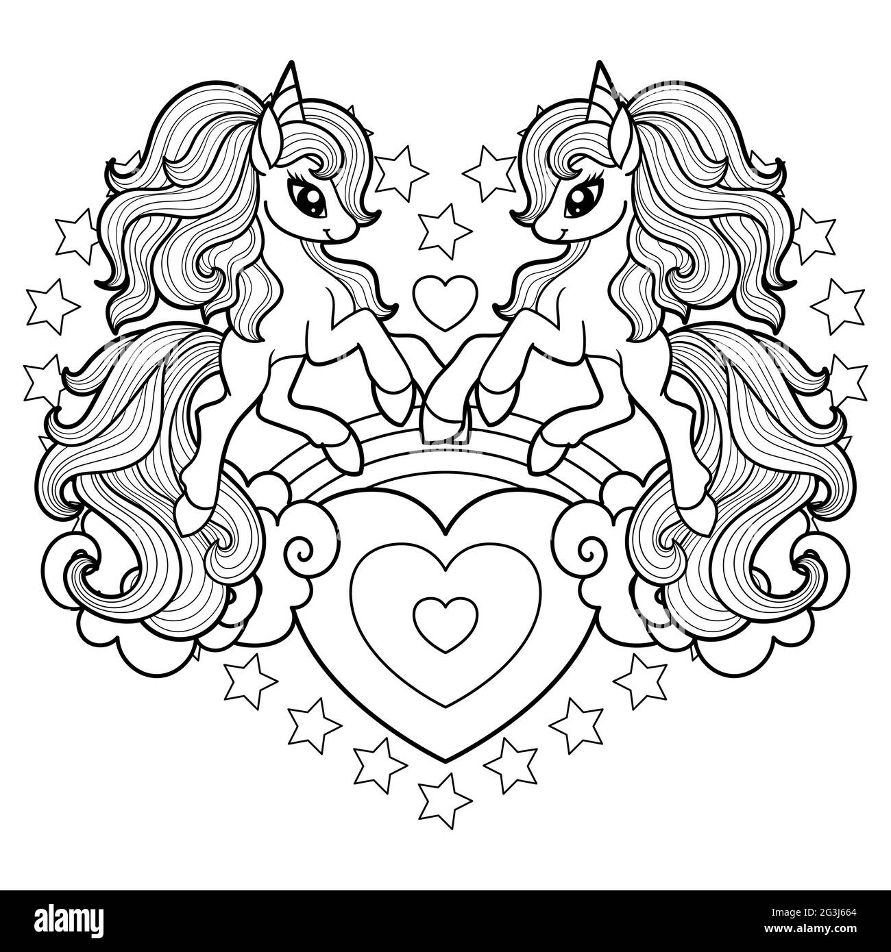 Two cute unicorns. Black and white linear drawing. Vector Stock Vector