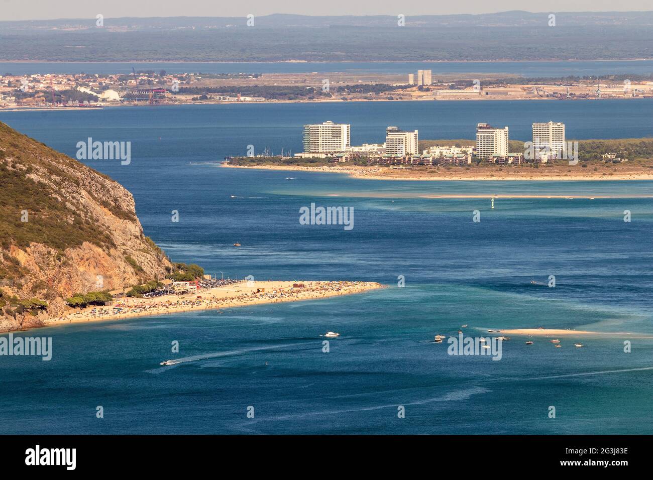 Beautiful landscape of the mouth of the Sado river in Portugal, with Figueirinha beach in the foreground and the tourist resort of Troia in background. Stock Photo