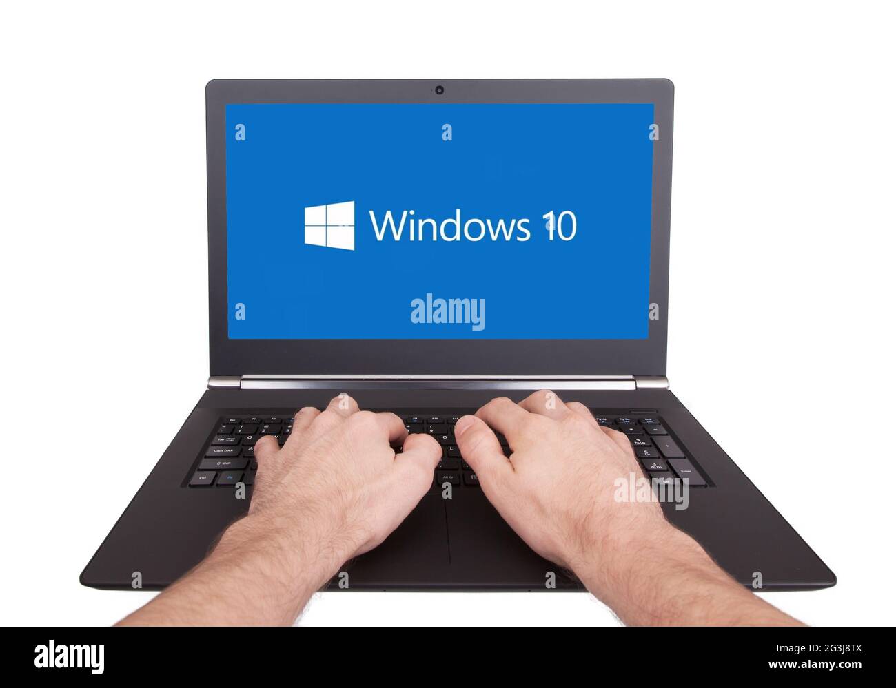 HEERENVEEN, NETHERLANDS, June 6, 2015: Laptop computer with Windows 10 logo. Windows 10 is the new version of Windows OS by Micr Stock Photo