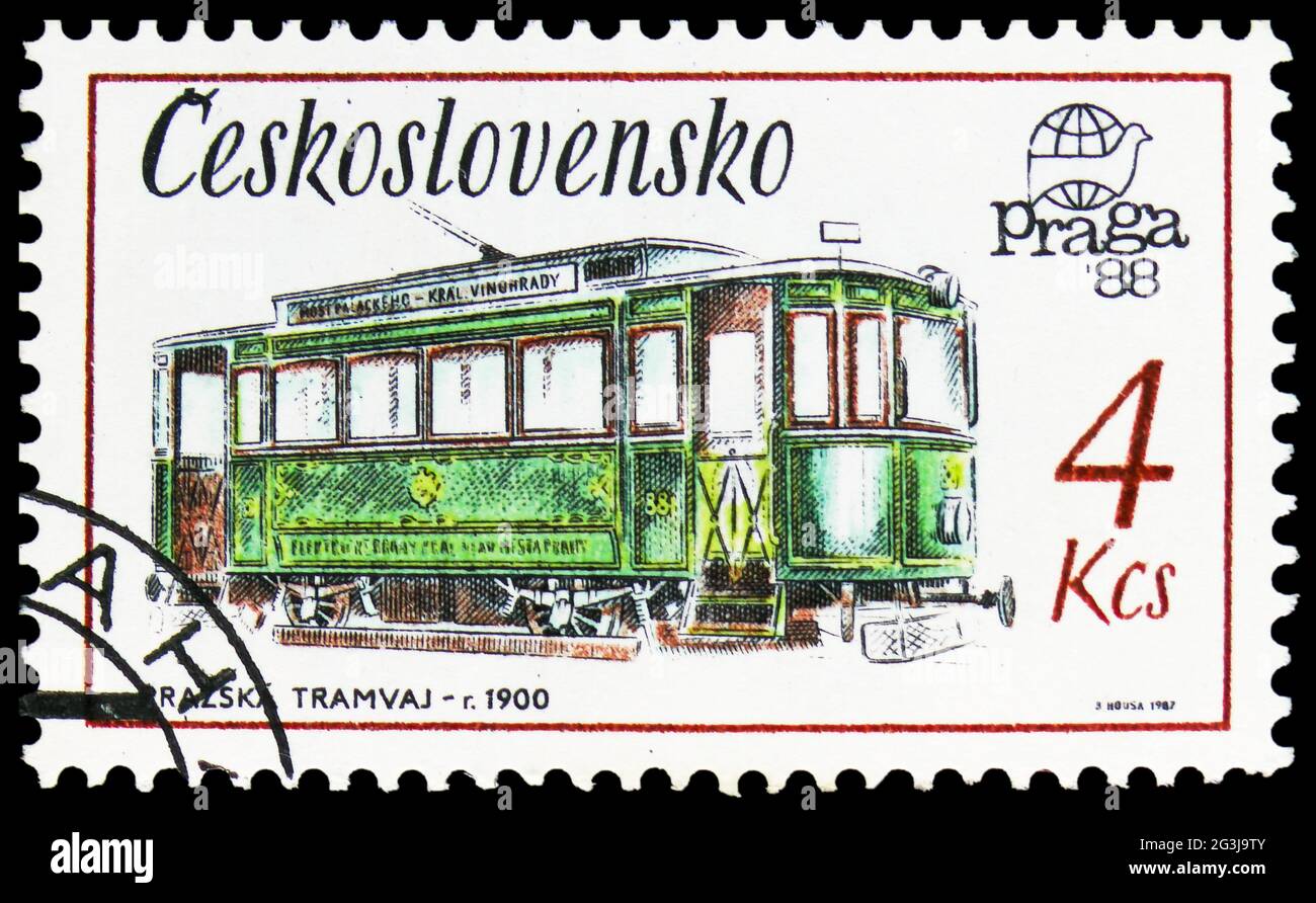 MOSCOW, RUSSIA - APRIL 17, 2021: Postage stamp printed in Czechoslovakia shows Tram, 1900, International Stamp Exhibition PRAGA 88 Technical Monuments Stock Photo