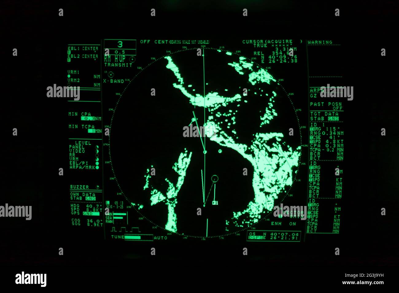 targets (vessels, ships, lands, islands, rock, route, course) on ARPA radar display at Dardanelles strait Stock Photo