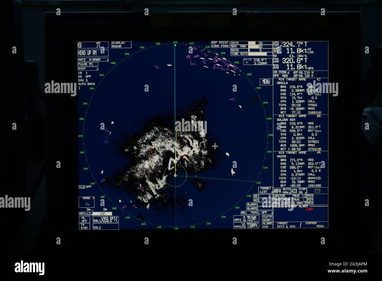 targets (vessels, ships, lands, islands, rock, route, course) on ARPA radar display. The vessel is proceeding to the entrance of the Bosphorus strait, heavy on AR Stock Photo