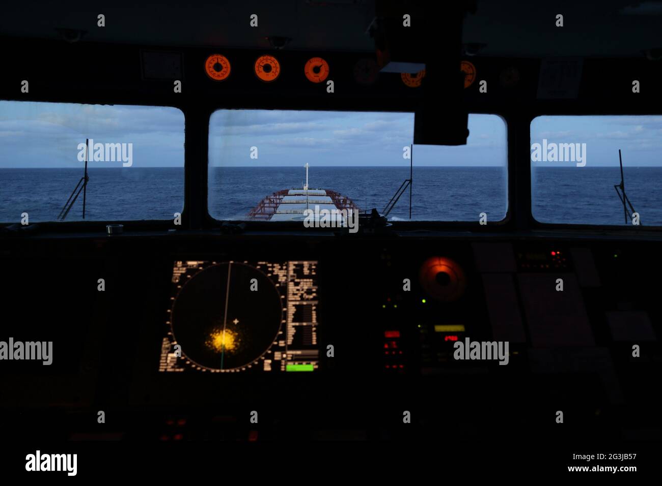 electronic navigation equipment, sailing in calm weather, cloudy day, view from the bridge Stock Photo