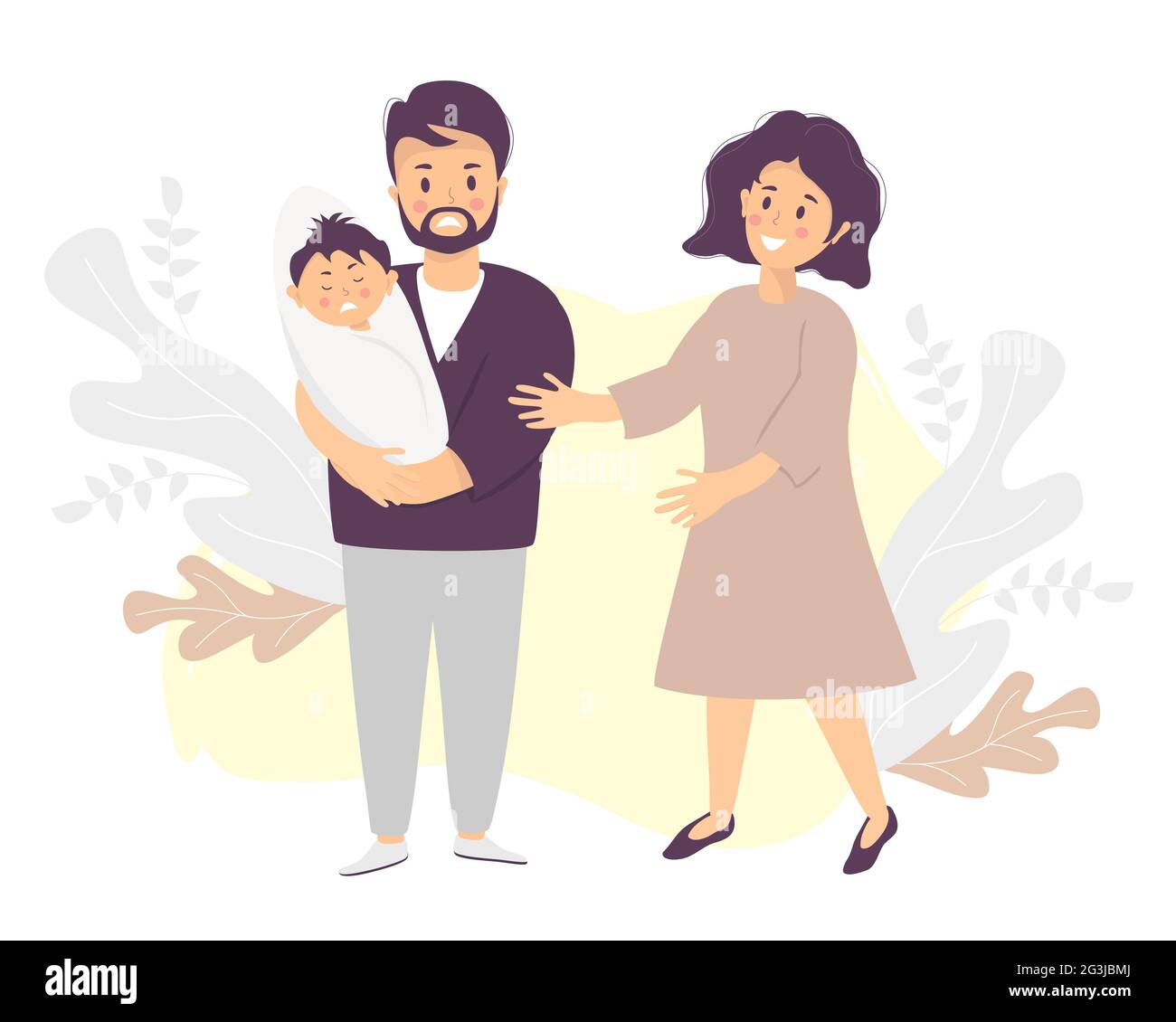 Family life and emotions concept. A sad man holds a crying baby in his arms. Nearby, a woman smiles and comforts. Vector illustration. Light-skinned f Stock Vector